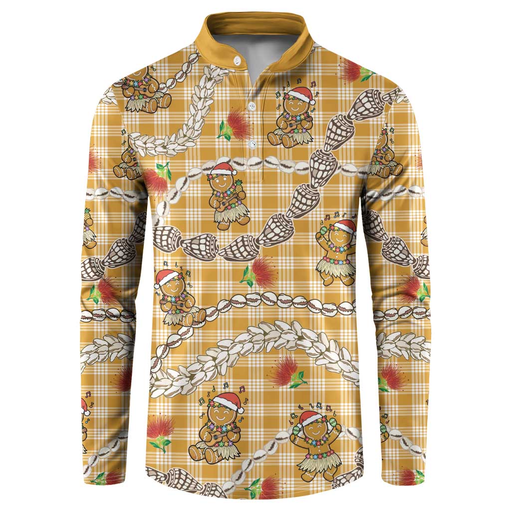 Gold Palaka Hawaii Mele Kalikimaka Button Sweatshirt Ohia Lehua Shell Leis Funny Gingerbread Santa LT14 Gold - Polynesian Pride