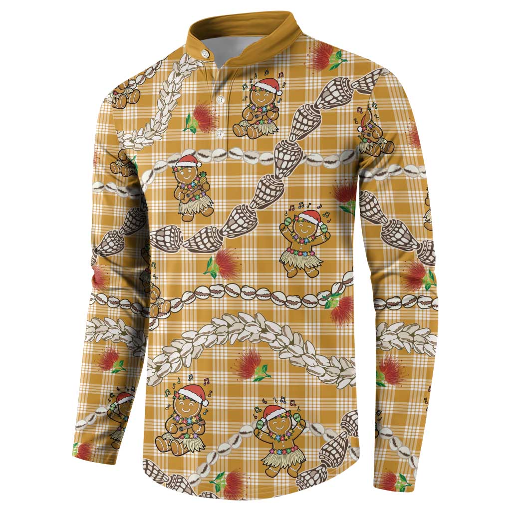 Gold Palaka Hawaii Mele Kalikimaka Button Sweatshirt Ohia Lehua Shell Leis Funny Gingerbread Santa LT14 - Polynesian Pride