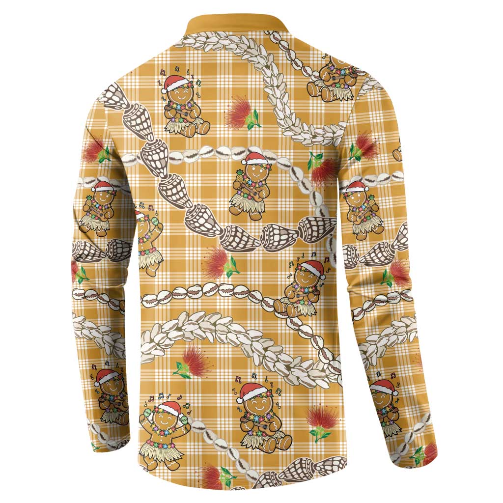 Gold Palaka Hawaii Mele Kalikimaka Button Sweatshirt Ohia Lehua Shell Leis Funny Gingerbread Santa LT14 - Polynesian Pride