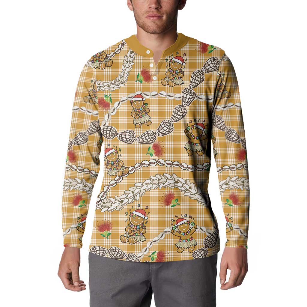Gold Palaka Hawaii Mele Kalikimaka Button Sweatshirt Ohia Lehua Shell Leis Funny Gingerbread Santa LT14 - Polynesian Pride