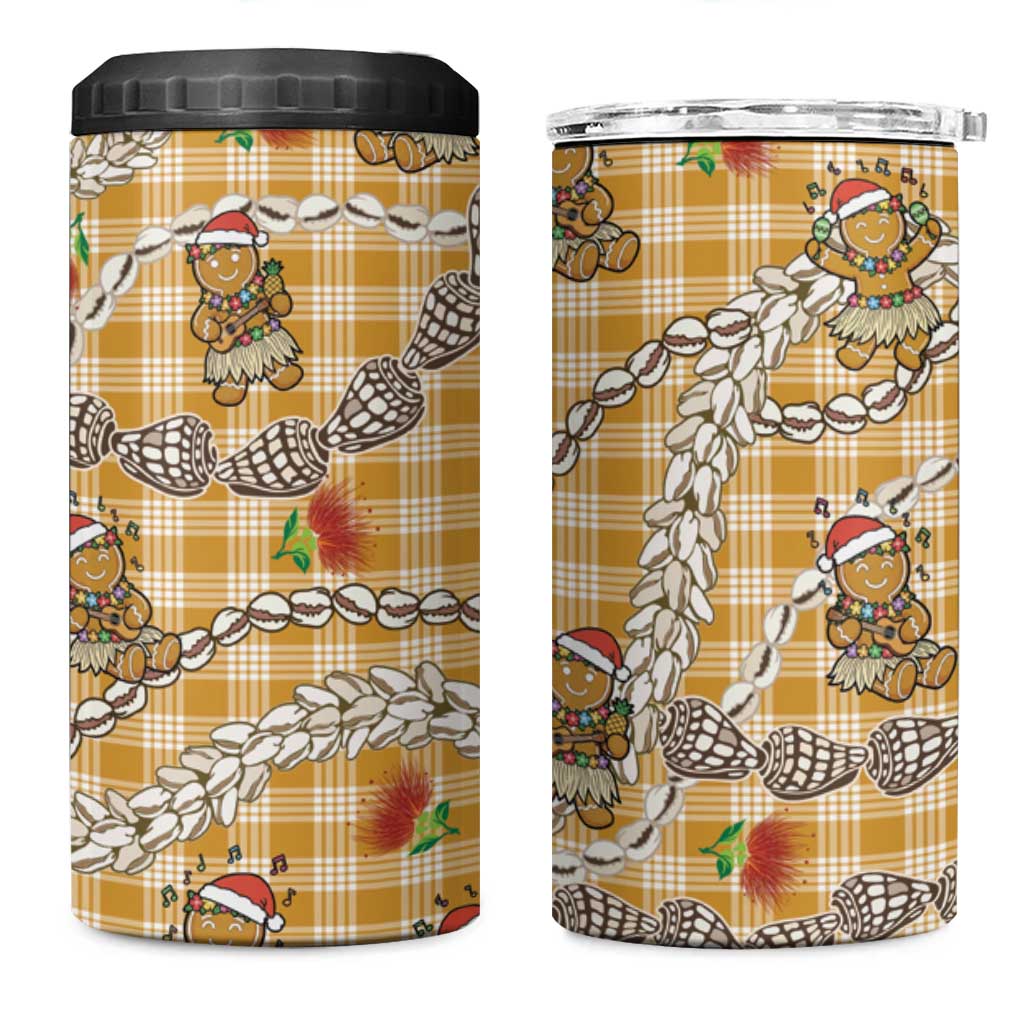 Gold Palaka Hawaii Mele Kalikimaka 4 in 1 Can Cooler Tumbler Ohia Lehua Shell Leis Funny Gingerbread Santa - Polynesian Pride