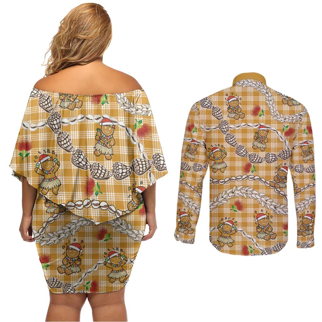 Gold Palaka Hawaii Mele Kalikimaka Couples Matching Off Shoulder Short Dress and Long Sleeve Button Shirt Ohia Lehua Shell Leis Funny Gingerbread Santa - Polynesian Pride