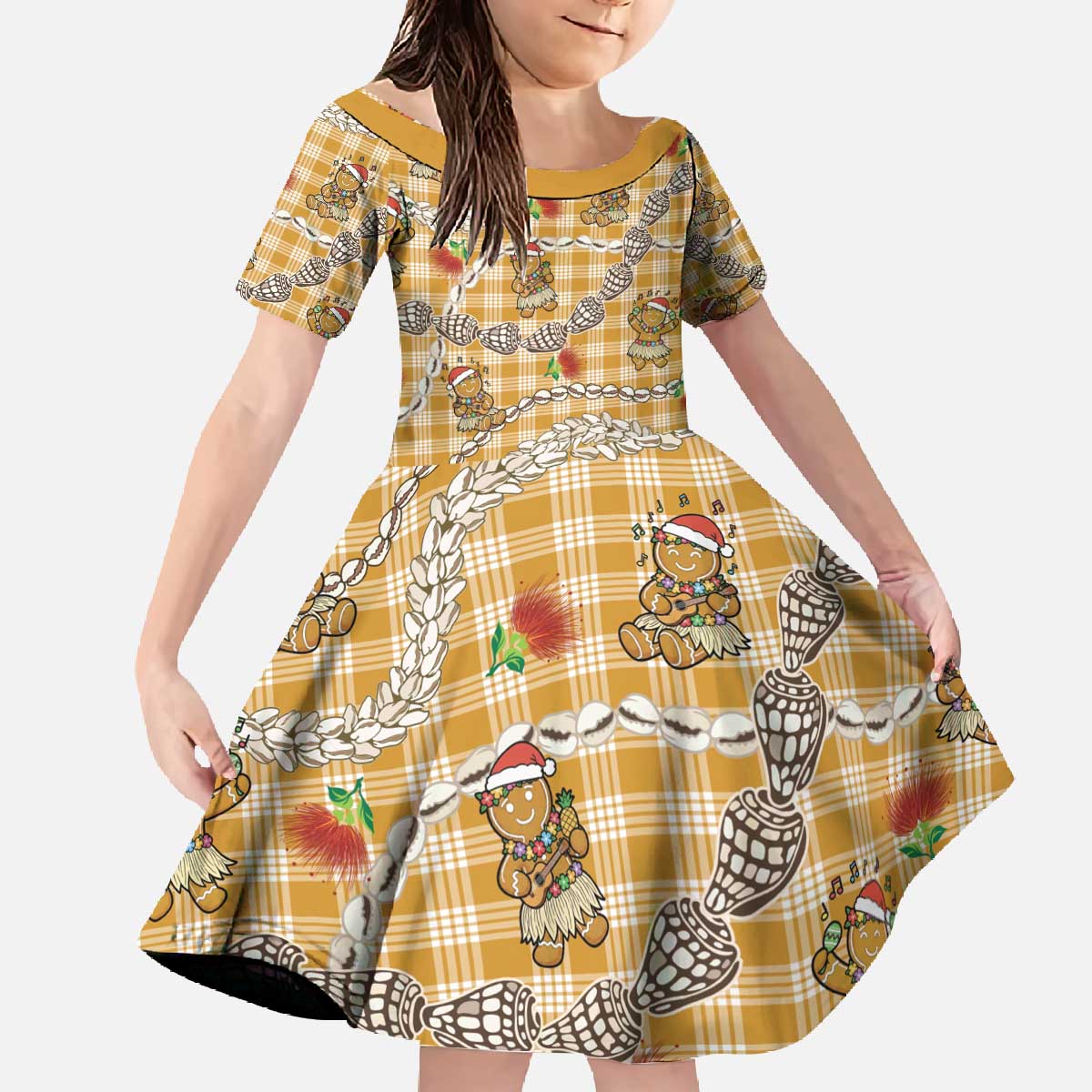 Gold Palaka Hawaii Mele Kalikimaka Family Matching Off The Shoulder Long Sleeve Dress and Hawaiian Shirt Ohia Lehua Shell Leis Funny Gingerbread Santa - Polynesian Pride