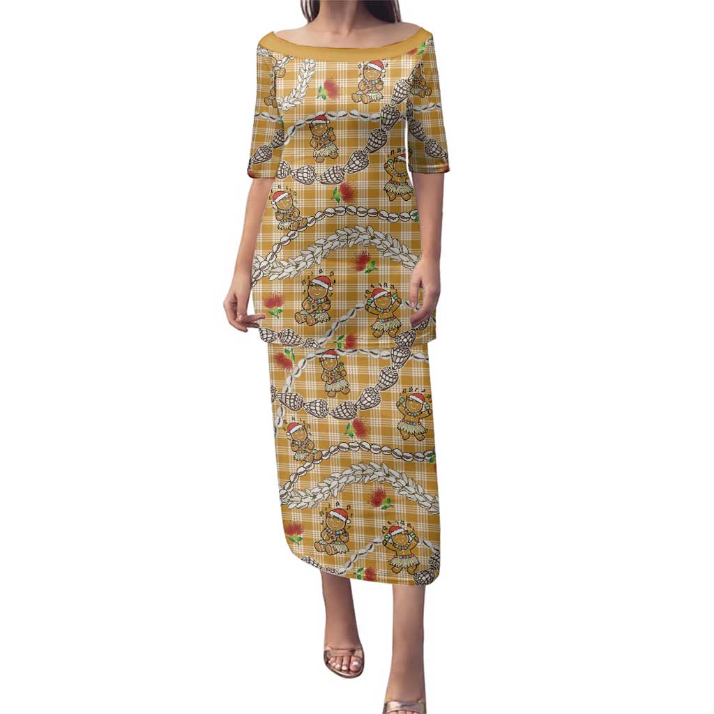 Gold Palaka Hawaii Mele Kalikimaka Family Matching Puletasi and Hawaiian Shirt Ohia Lehua Shell Leis Funny Gingerbread Santa - Polynesian Pride