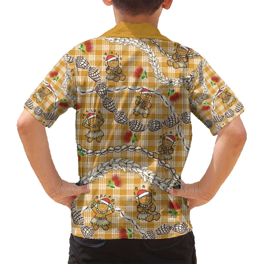Gold Palaka Hawaii Mele Kalikimaka Family Matching Summer Maxi Dress and Hawaiian Shirt Ohia Lehua Shell Leis Funny Gingerbread Santa - Polynesian Pride