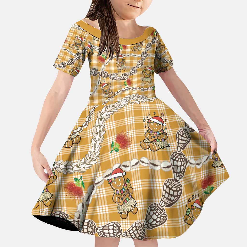 Gold Palaka Hawaii Mele Kalikimaka Family Matching Summer Maxi Dress and Hawaiian Shirt Ohia Lehua Shell Leis Funny Gingerbread Santa - Polynesian Pride