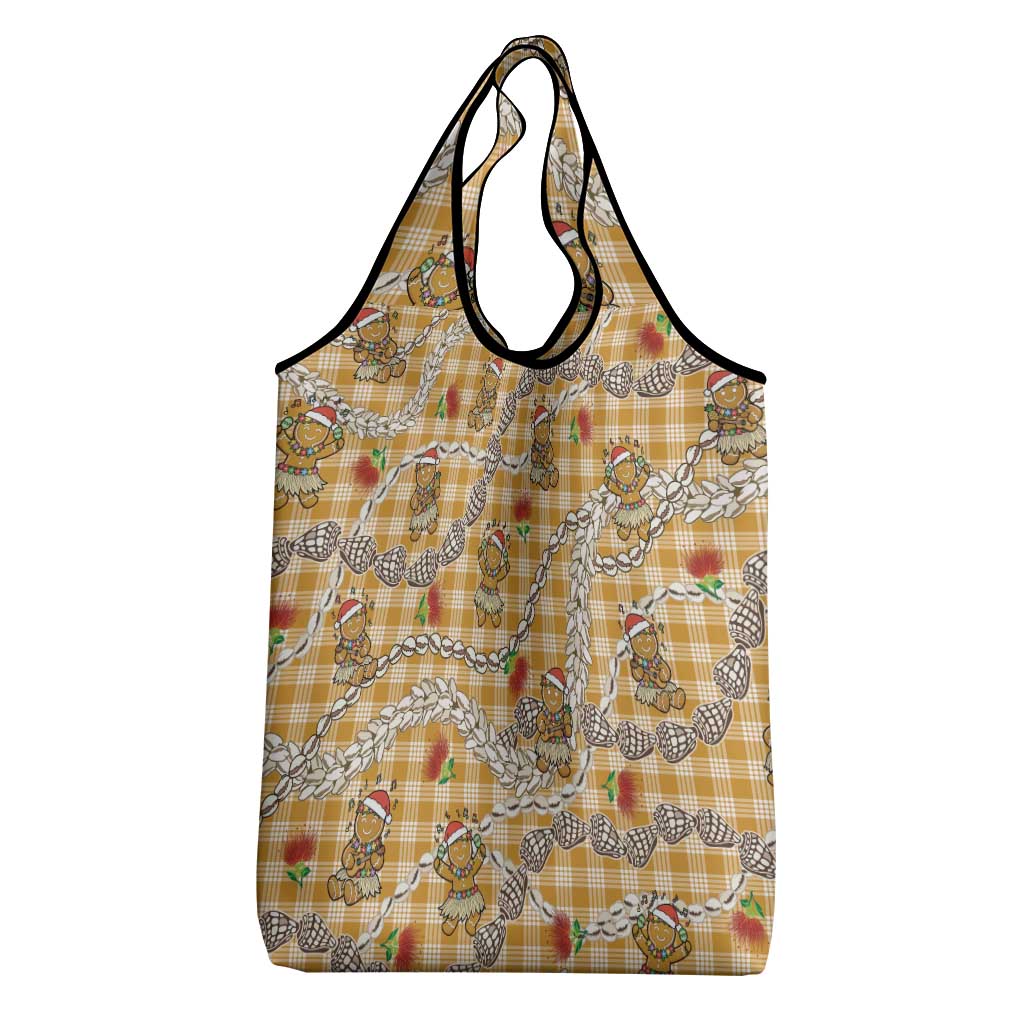Gold Palaka Hawaii Mele Kalikimaka Grocery Bag Ohia Lehua Shell Leis Funny Gingerbread Santa - Polynesian Pride