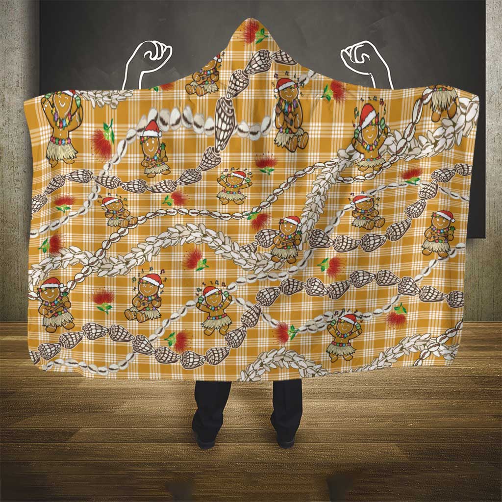 Gold Palaka Hawaii Mele Kalikimaka Hooded Blanket Ohia Lehua Shell Leis Funny Gingerbread Santa - Polynesian Pride