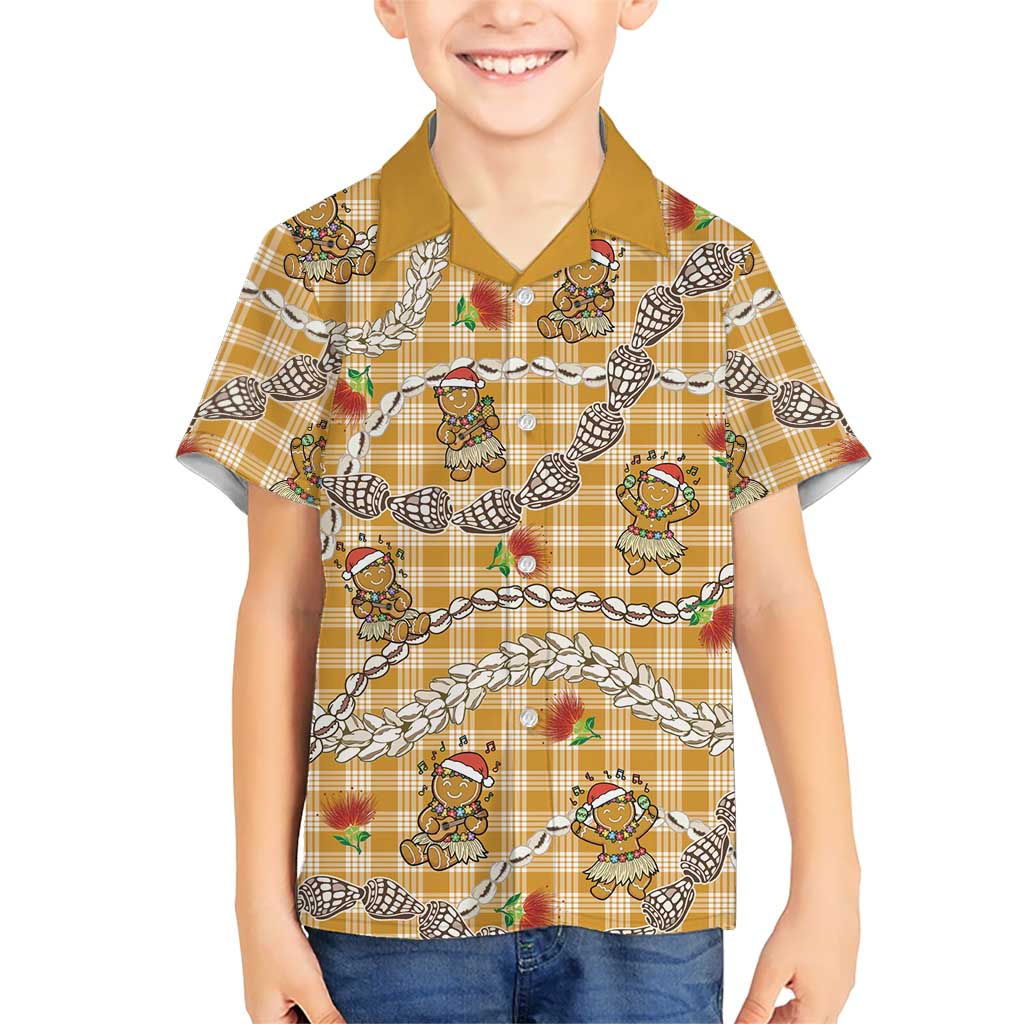 Gold Palaka Hawaii Mele Kalikimaka Kid Hawaiian Shirt Ohia Lehua Shell Leis Funny Gingerbread Santa LT14 Kid Gold - Polynesian Pride
