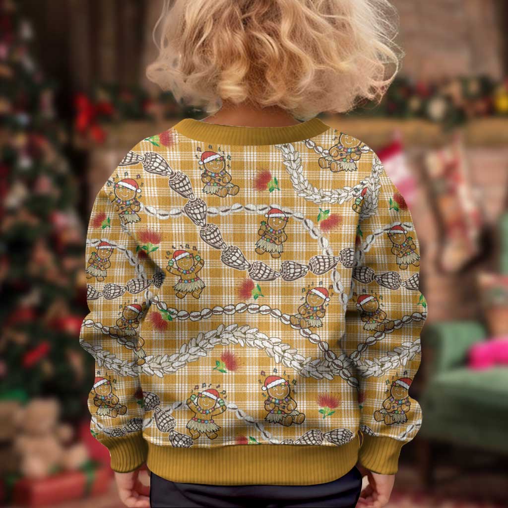 Gold Palaka Hawaii Mele Kalikimaka Kid Ugly Christmas Sweater Ohia Lehua Shell Leis Funny Gingerbread Santa - Polynesian Pride