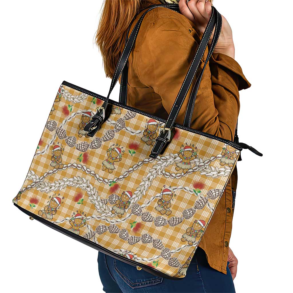 Gold Palaka Hawaii Mele Kalikimaka Leather Tote Bag Ohia Lehua Shell Leis Funny Gingerbread Santa - Polynesian Pride