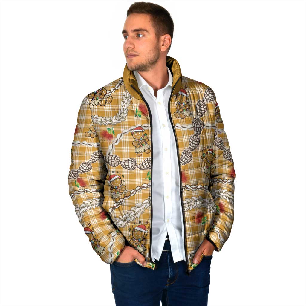 Gold Palaka Hawaii Mele Kalikimaka Padded Jacket Ohia Lehua Shell Leis Funny Gingerbread Santa - Polynesian Pride