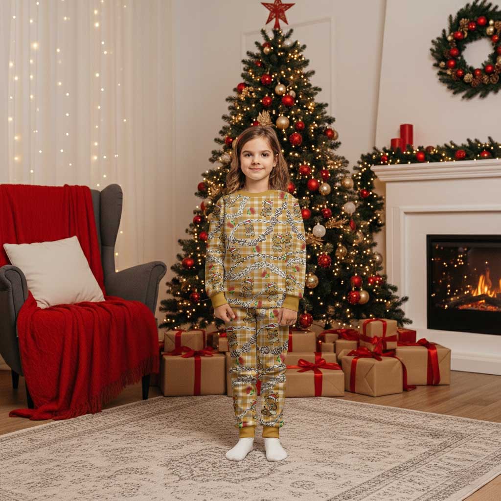 Gold Palaka Hawaii Mele Kalikimaka Christmas Pajama Set Ohia Lehua Shell Leis Funny Gingerbread Santa LT14 Kid Gold - Polynesian Pride