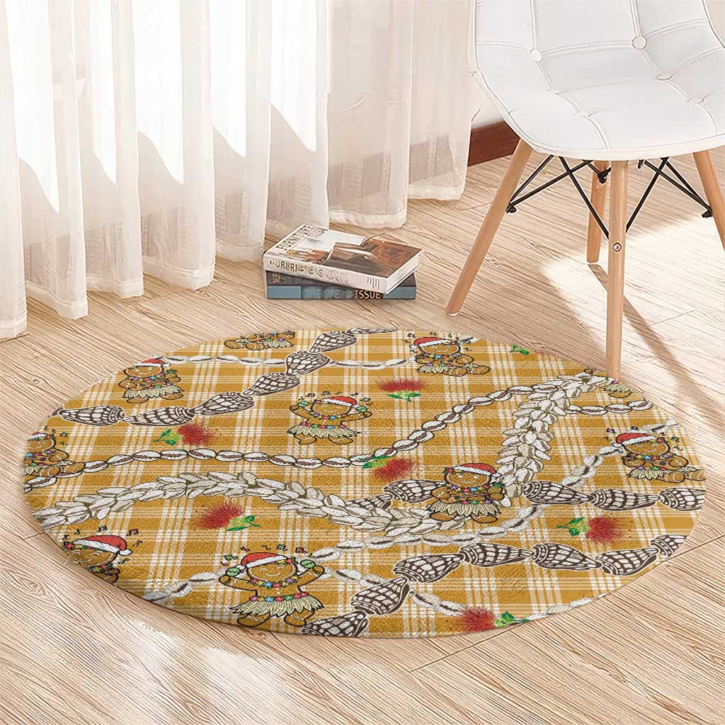 Gold Palaka Hawaii Mele Kalikimaka Round Carpet Ohia Lehua Shell Leis Funny Gingerbread Santa - Polynesian Pride