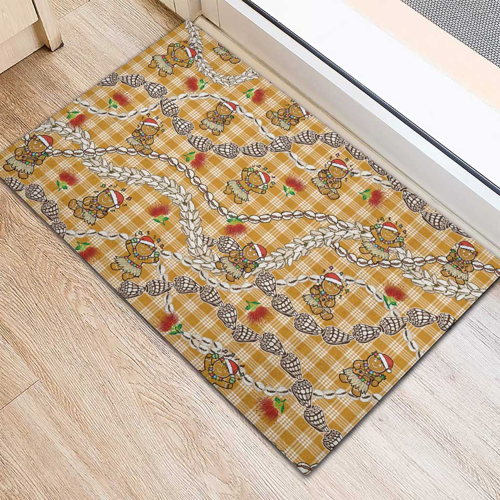 Gold Palaka Hawaii Mele Kalikimaka Rubber Doormat Ohia Lehua Shell Leis Funny Gingerbread Santa - Polynesian Pride