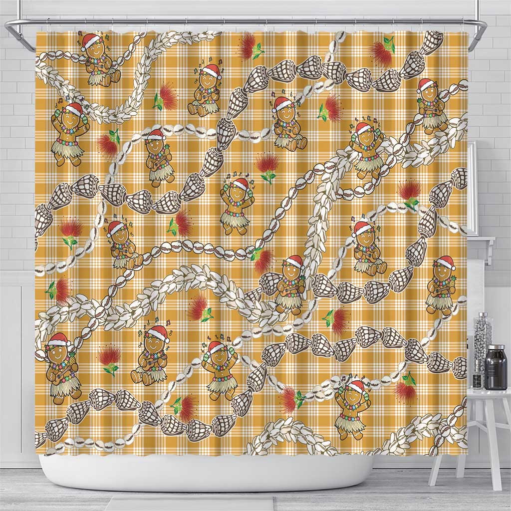 Gold Palaka Hawaii Mele Kalikimaka Shower Curtain Ohia Lehua Shell Leis Funny Gingerbread Santa - Polynesian Pride