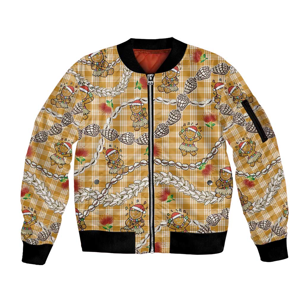 Gold Palaka Hawaii Mele Kalikimaka Sleeve Zip Bomber Jacket Ohia Lehua Shell Leis Funny Gingerbread Santa - Polynesian Pride
