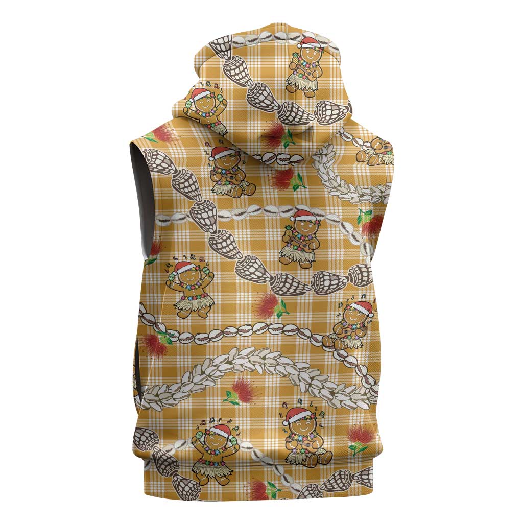 Gold Palaka Hawaii Mele Kalikimaka Sleeveless Hoodie Ohia Lehua Shell Leis Funny Gingerbread Santa LT14 - Polynesian Pride