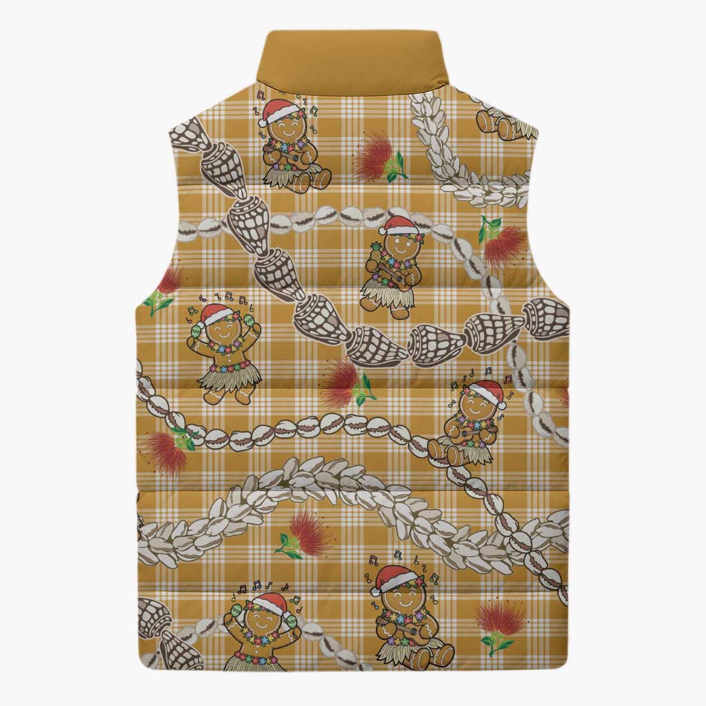 Gold Palaka Hawaii Mele Kalikimaka Sleeveless Puffer Jacket Ohia Lehua Shell Leis Funny Gingerbread Santa - Polynesian Pride