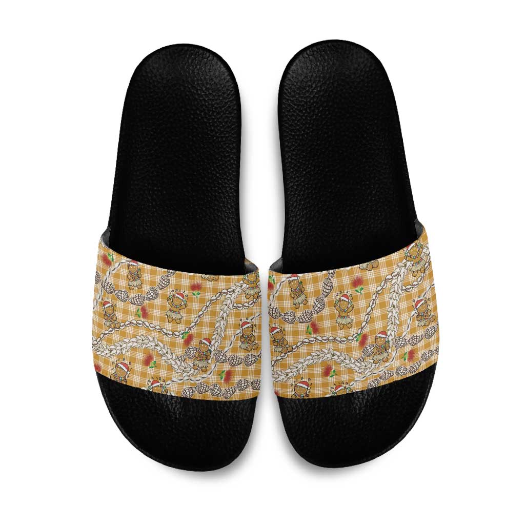 Gold Palaka Hawaii Mele Kalikimaka Slide Sandals Ohia Lehua Shell Leis Funny Gingerbread Santa LT14 Gold - Polynesian Pride