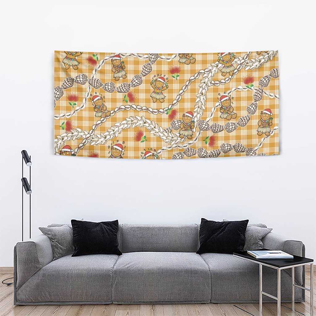 Gold Palaka Hawaii Mele Kalikimaka Tapestry Ohia Lehua Shell Leis Funny Gingerbread Santa - Polynesian Pride