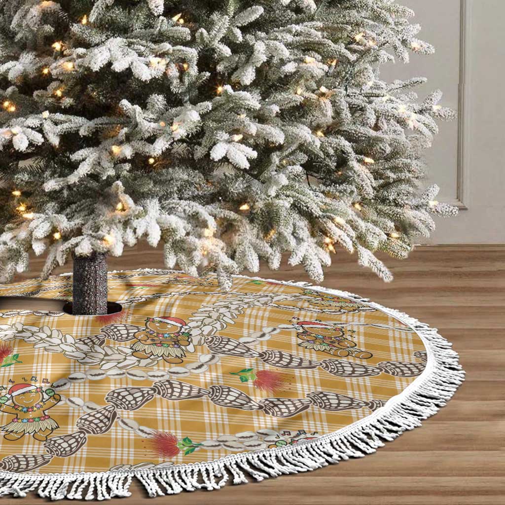 Gold Palaka Hawaii Mele Kalikimaka Tree Skirt Ohia Lehua Shell Leis Funny Gingerbread Santa LT14 - Polynesian Pride