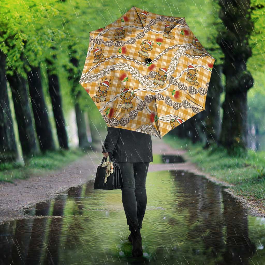 Gold Palaka Hawaii Mele Kalikimaka Umbrella Ohia Lehua Shell Leis Funny Gingerbread Santa - Polynesian Pride