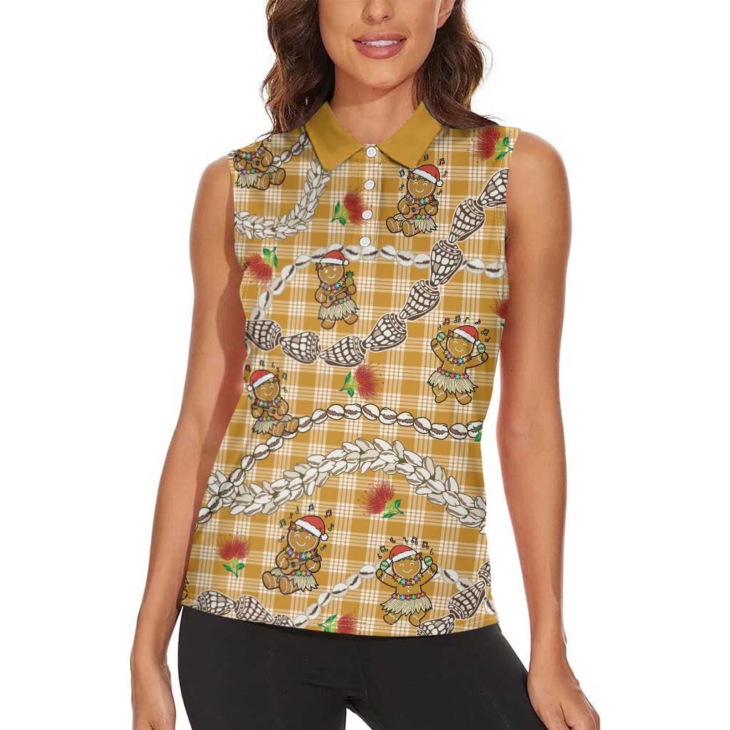 Gold Palaka Hawaii Mele Kalikimaka Women Sleeveless Polo Shirt Ohia Lehua Shell Leis Funny Gingerbread Santa - Polynesian Pride