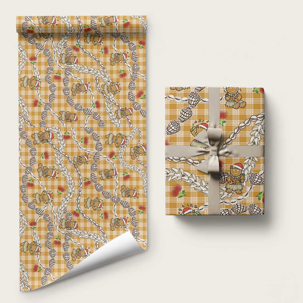 Gold Palaka Hawaii Mele Kalikimaka Wrapping Paper Ohia Lehua Shell Leis Funny Gingerbread Santa LT14 58" × 23" Gold - Polynesian Pride
