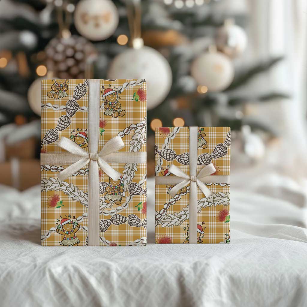 Gold Palaka Hawaii Mele Kalikimaka Wrapping Paper Ohia Lehua Shell Leis Funny Gingerbread Santa LT14 - Polynesian Pride