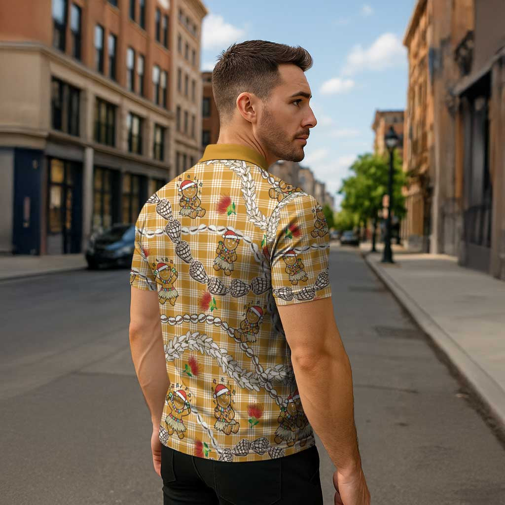 Gold Palaka Hawaii Mele Kalikimaka Zipper Polo Shirt Ohia Lehua Shell Leis Funny Gingerbread Santa - Polynesian Pride