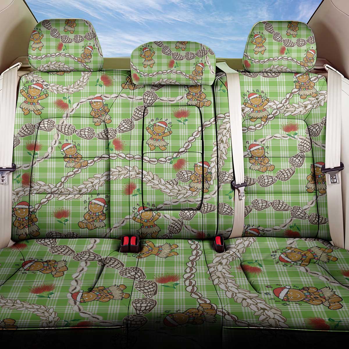 Green Palaka Hawaii Mele Kalikimaka Back Car Seat Cover Ohia Lehua Shell Leis Funny Gingerbread Santa - Polynesian Pride
