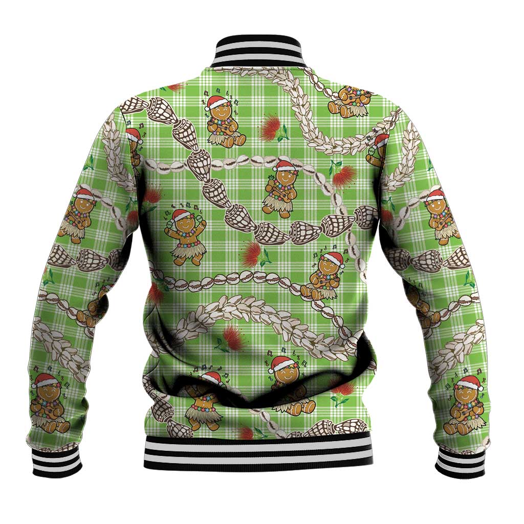 Green Palaka Hawaii Mele Kalikimaka Baseball Jacket Ohia Lehua Shell Leis Funny Gingerbread Santa - Polynesian Pride