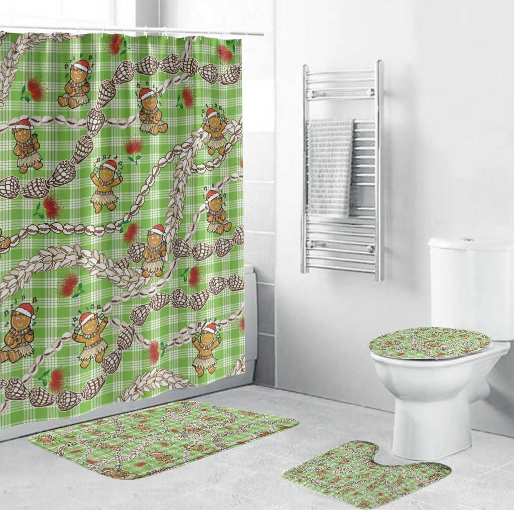 Green Palaka Hawaii Mele Kalikimaka Bathroom Set Ohia Lehua Shell Leis Funny Gingerbread Santa - Polynesian Pride