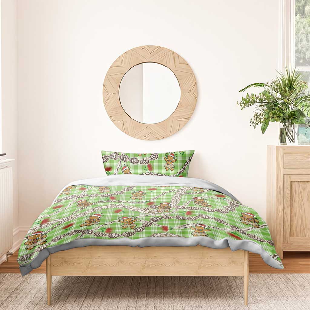 Green Palaka Hawaii Mele Kalikimaka Bedding Set Ohia Lehua Shell Leis Funny Gingerbread Santa - Polynesian Pride
