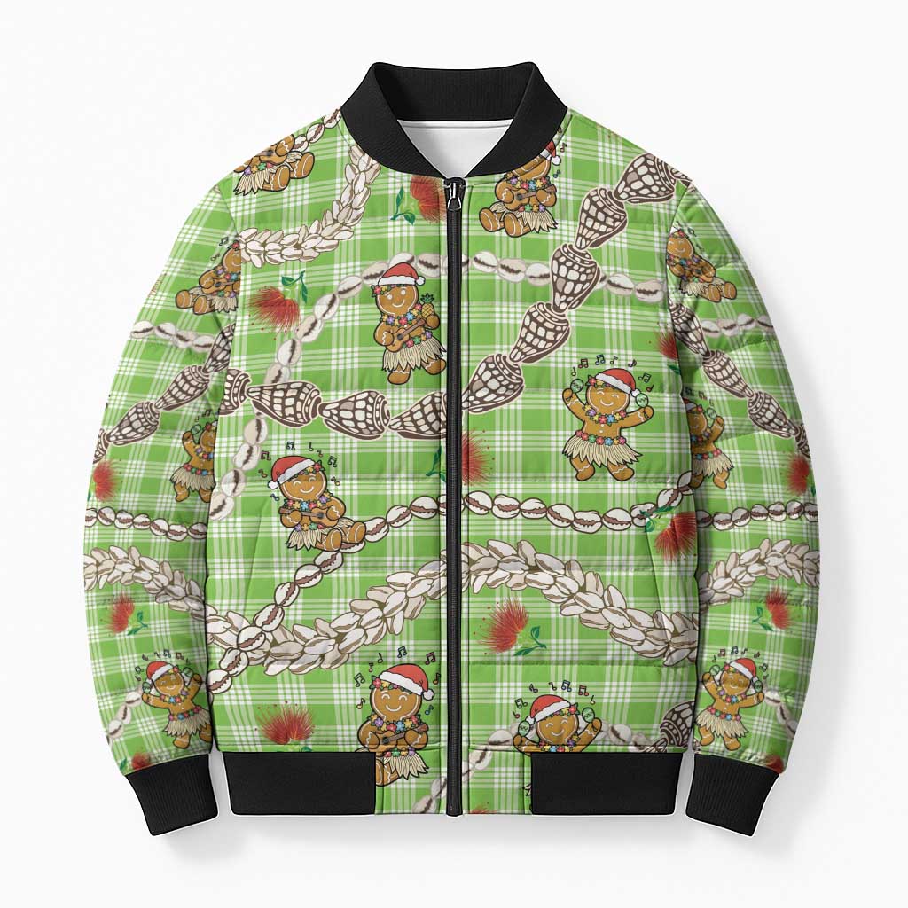 Green Palaka Hawaii Mele Kalikimaka Bomber Puffer Jacket Ohia Lehua Shell Leis Funny Gingerbread Santa LT14 Unisex Green - Polynesian Pride