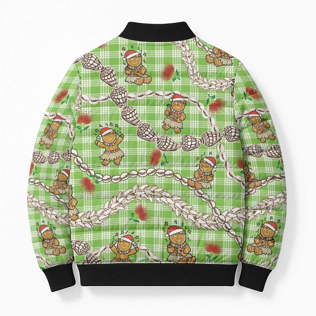 Green Palaka Hawaii Mele Kalikimaka Bomber Puffer Jacket Ohia Lehua Shell Leis Funny Gingerbread Santa LT14 - Polynesian Pride
