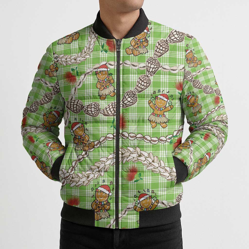 Green Palaka Hawaii Mele Kalikimaka Bomber Puffer Jacket Ohia Lehua Shell Leis Funny Gingerbread Santa LT14 - Polynesian Pride