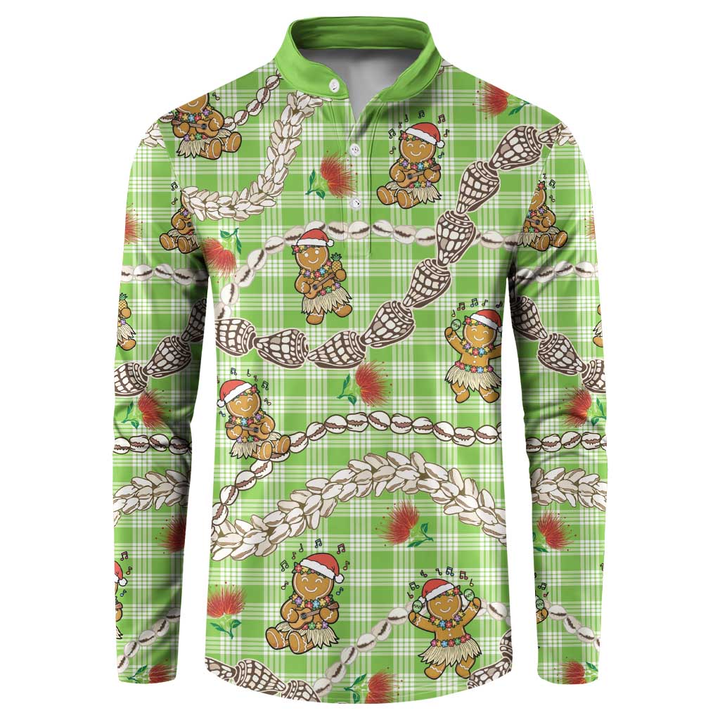 Green Palaka Hawaii Mele Kalikimaka Button Sweatshirt Ohia Lehua Shell Leis Funny Gingerbread Santa LT14 Green - Polynesian Pride