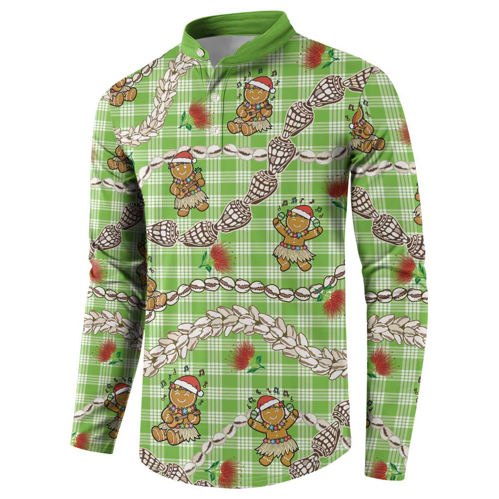 Green Palaka Hawaii Mele Kalikimaka Button Sweatshirt Ohia Lehua Shell Leis Funny Gingerbread Santa LT14 - Polynesian Pride