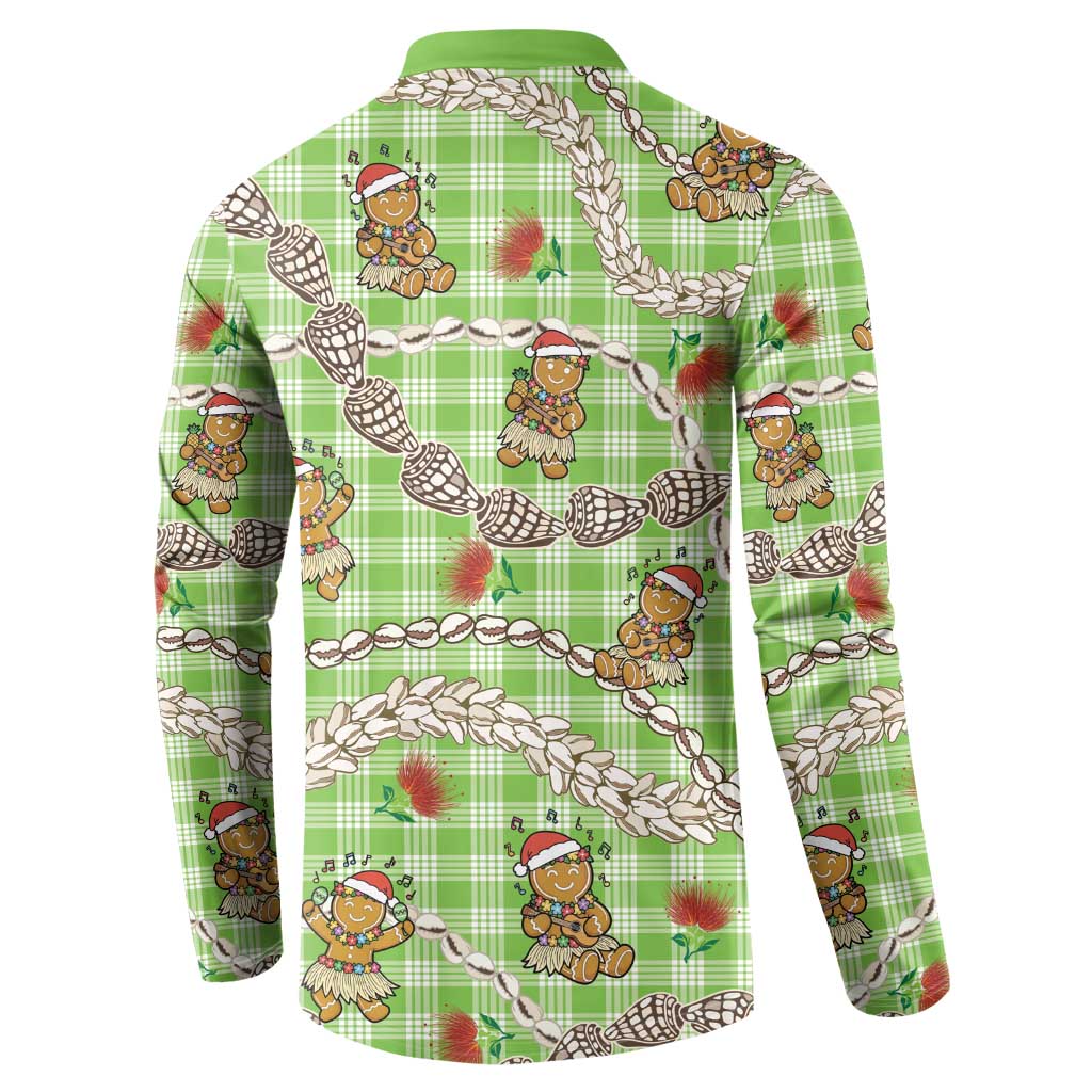Green Palaka Hawaii Mele Kalikimaka Button Sweatshirt Ohia Lehua Shell Leis Funny Gingerbread Santa LT14 - Polynesian Pride