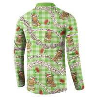Green Palaka Hawaii Mele Kalikimaka Button Sweatshirt Ohia Lehua Shell Leis Funny Gingerbread Santa LT14 - Polynesian Pride