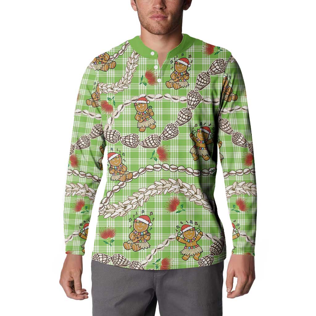 Green Palaka Hawaii Mele Kalikimaka Button Sweatshirt Ohia Lehua Shell Leis Funny Gingerbread Santa LT14 - Polynesian Pride