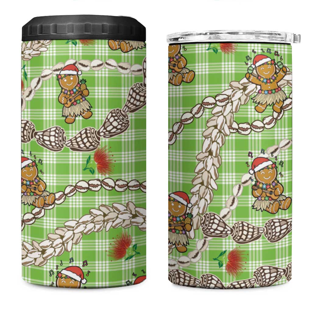 Green Palaka Hawaii Mele Kalikimaka 4 in 1 Can Cooler Tumbler Ohia Lehua Shell Leis Funny Gingerbread Santa - Polynesian Pride