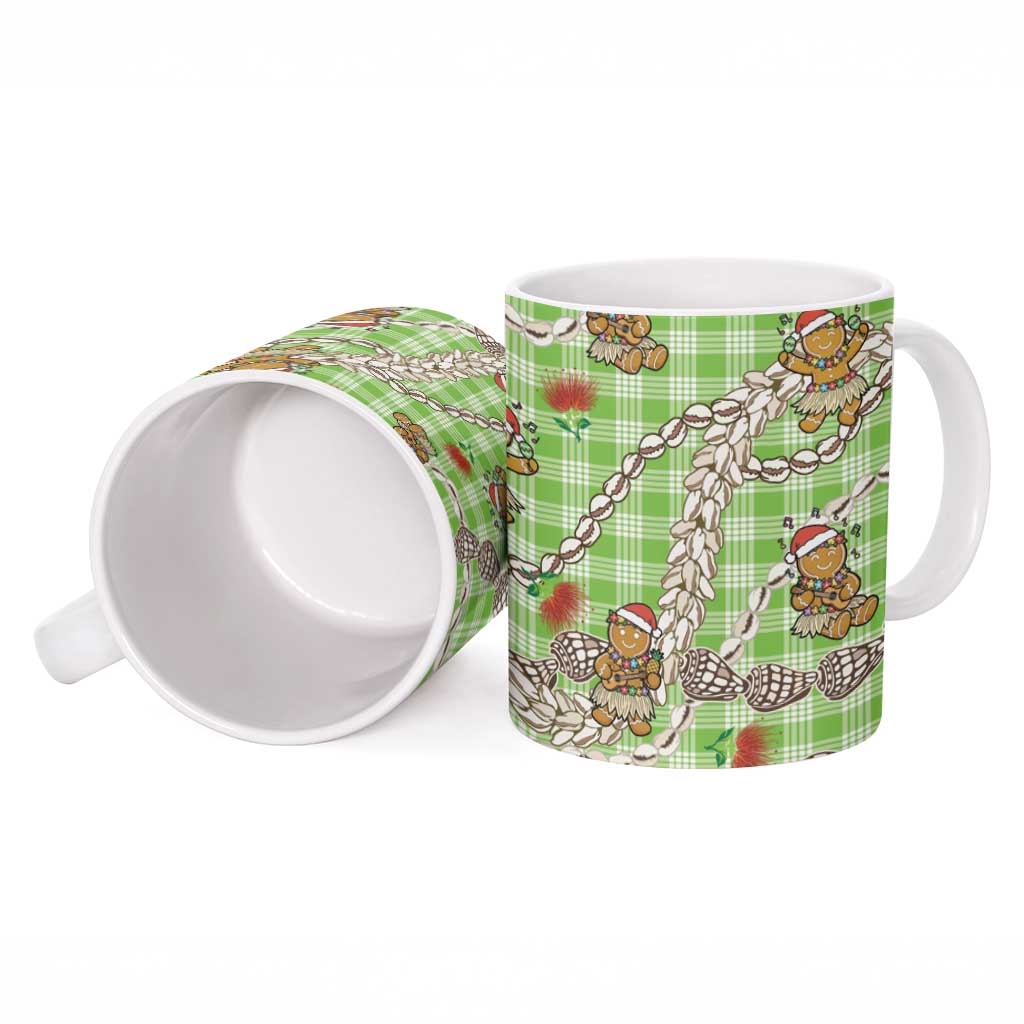 Green Palaka Hawaii Mele Kalikimaka Ceramic Mug Ohia Lehua Shell Leis Funny Gingerbread Santa - Polynesian Pride