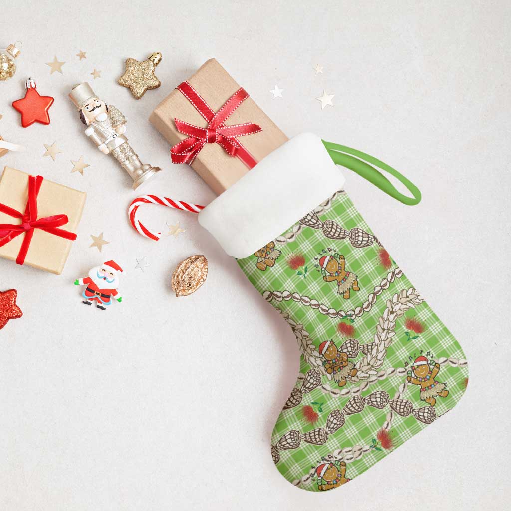 Green Palaka Hawaii Mele Kalikimaka Christmas Stocking Ohia Lehua Shell Leis Funny Gingerbread Santa - Polynesian Pride