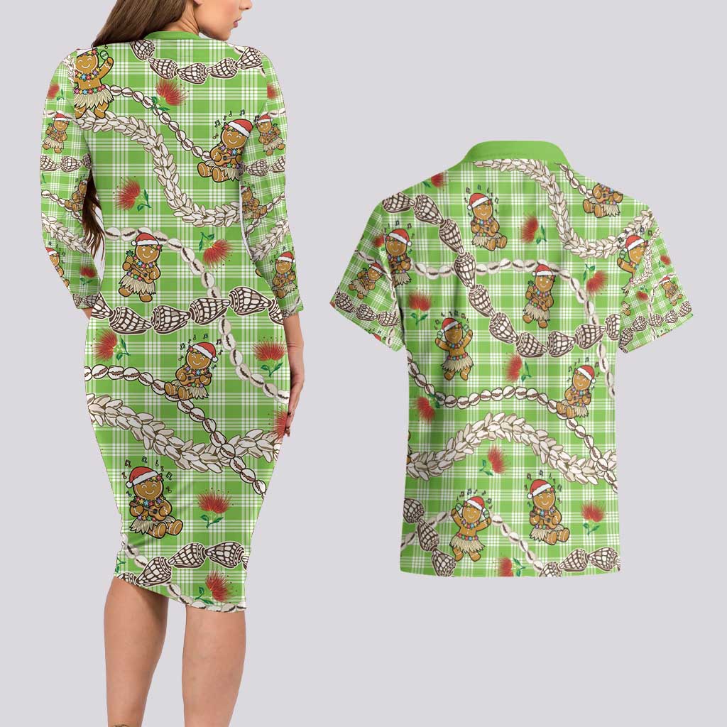 Green Palaka Hawaii Mele Kalikimaka Couples Matching Long Sleeve Bodycon Dress and Hawaiian Shirt Ohia Lehua Shell Leis Funny Gingerbread Santa - Polynesian Pride