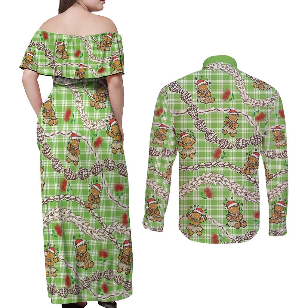 Green Palaka Hawaii Mele Kalikimaka Couples Matching Off Shoulder Maxi Dress and Long Sleeve Button Shirt Ohia Lehua Shell Leis Funny Gingerbread Santa - Polynesian Pride