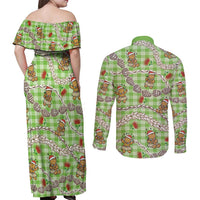 Green Palaka Hawaii Mele Kalikimaka Couples Matching Off Shoulder Maxi Dress and Long Sleeve Button Shirt Ohia Lehua Shell Leis Funny Gingerbread Santa - Polynesian Pride