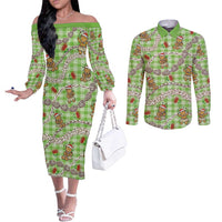 Green Palaka Hawaii Mele Kalikimaka Couples Matching Off The Shoulder Long Sleeve Dress and Long Sleeve Button Shirt Ohia Lehua Shell Leis Funny Gingerbread Santa - Polynesian Pride